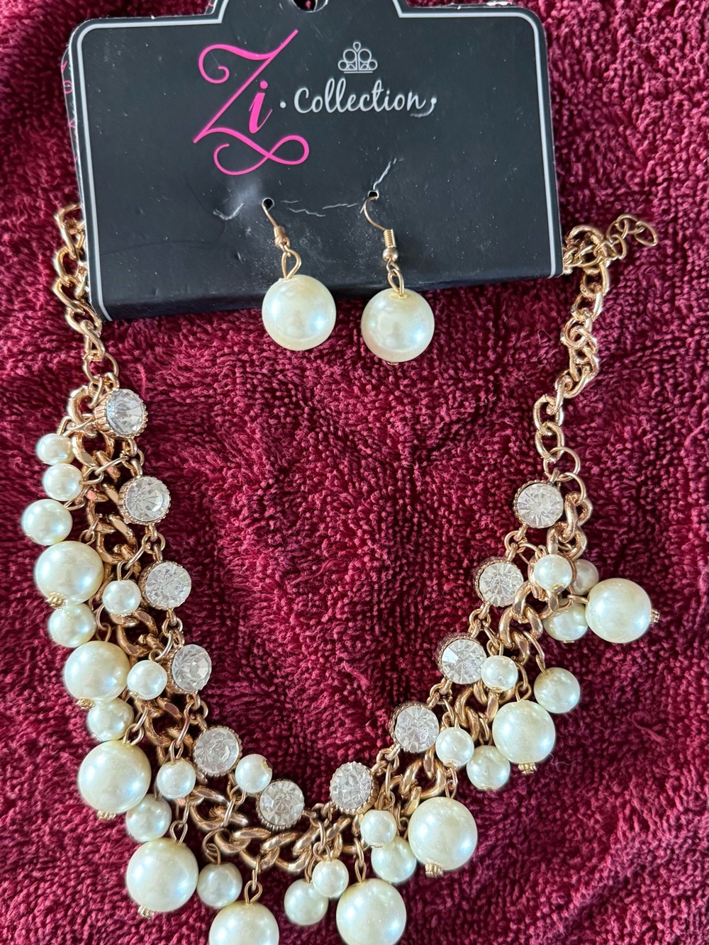 paparazzi Gold Faux Pearl & Crystal Multi-Strand Statement Necklace and Earrings